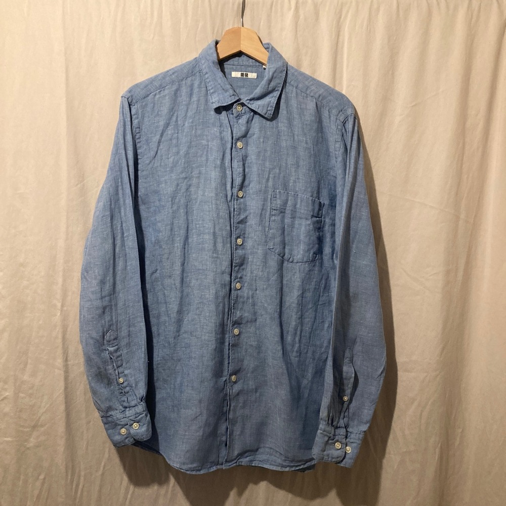 Uniqlo Mens Premium Linen Long Sleeve Button Down Shirt Blue Large